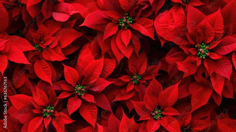 A closeup of the blossomed beautiful seamless red poinsettia flowers created with Generative AI technology. - obrazy, fototapety, plakaty 