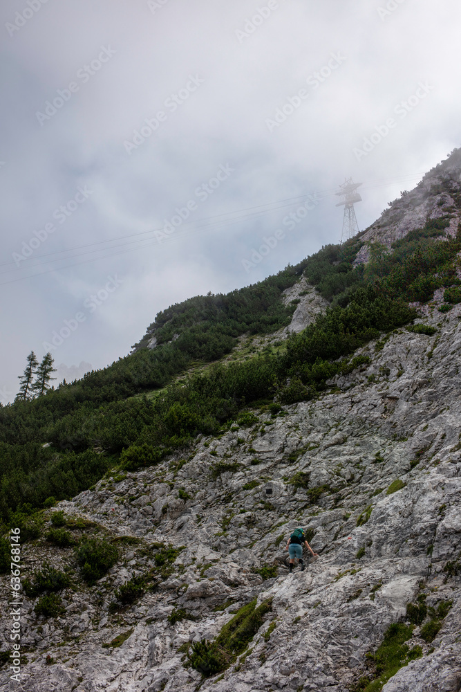 Foggy hiking trail to the middle Karwendel pit and to the mountain station of the Karwendel cable car.