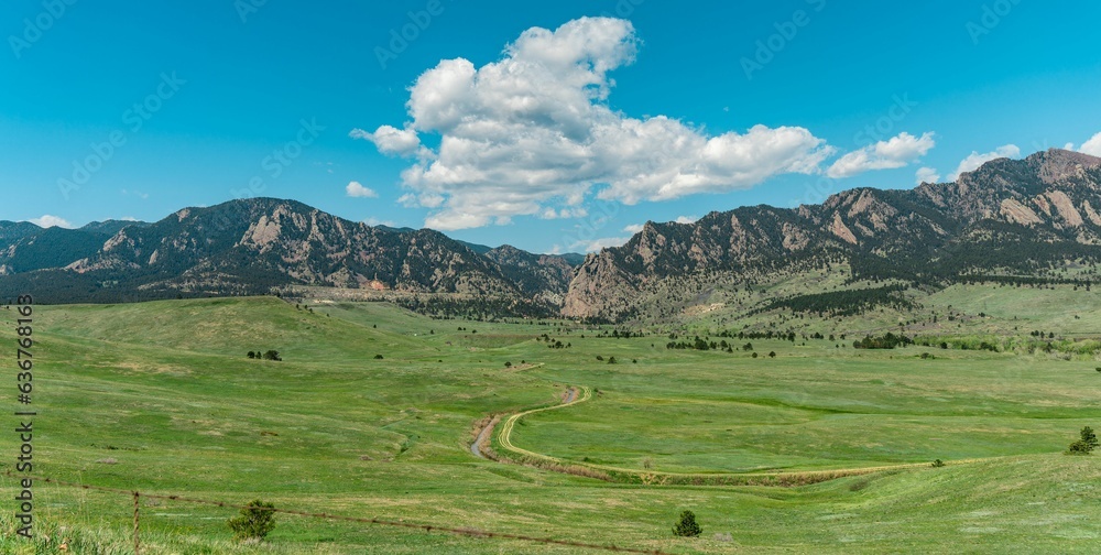 Aerial view of the Flatiron Mountains in Boulder, CO.