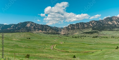 Aerial view of the Flatiron Mountains in Boulder, CO.