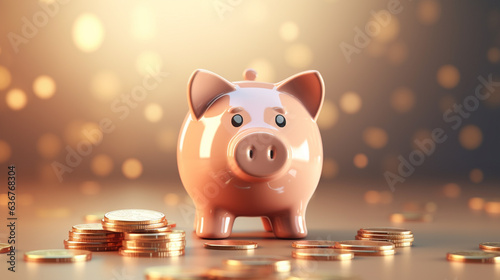 Piggy bank and money coins on background, People saving money for future plan and retirement fund, Business financial investment, Concept of preserving and saving money, AI Generated