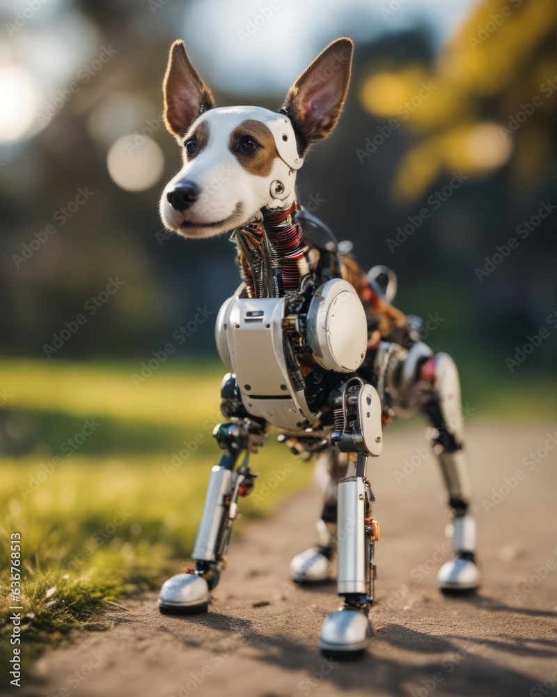 A portrait of a Jack Russell dog whose body has been replaced by microchip mechanisms and parts in the wild. A portrait of a Jack Russell dog whose body has been replaced by microchip mechanisms and parts in the wild.