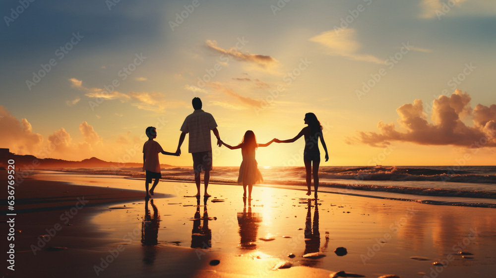 Happy family enjoying with sunset view on beach, Summer leisure lifestyle, Active parents and family outdoor activity on tropical summer vacation, Father and mother walking with kids, AI Generated