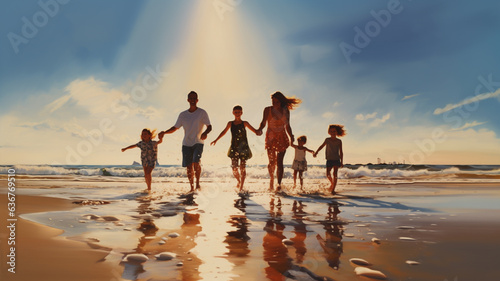Happy family enjoying with sunset view on beach, Summer leisure lifestyle, Active parents and family outdoor activity on tropical summer vacation, Father and mother walking with kids, AI Generated