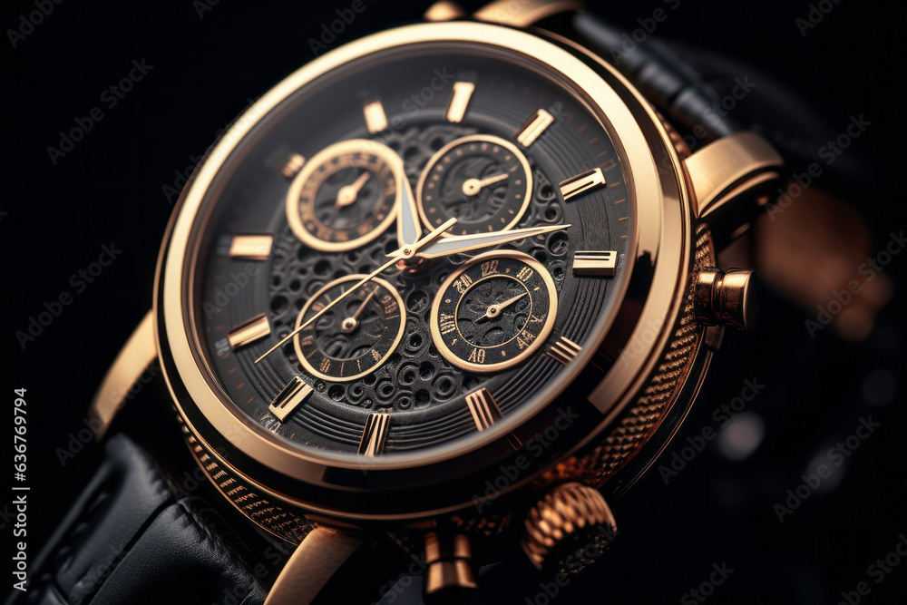 A beautiful men's or women's luxury gold watch on a dark background photographed close-up. generative ai
A beautiful men's or women's luxury gold watch on a dark background photographed close-up. generative ai