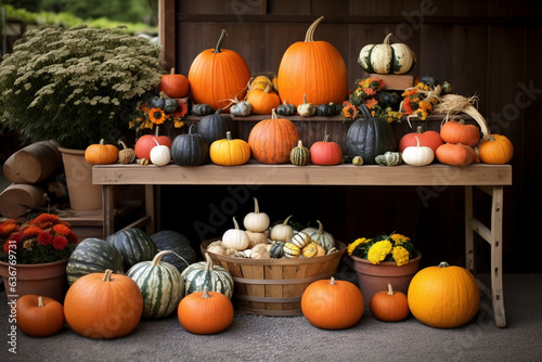 Harvest Bounty Display with Pumpkins and Apples, Thanksgiving, symbols  