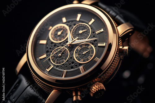 A beautiful men's or women's luxury gold watch on a dark background photographed close-up. generative ai
