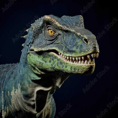 A roaring dinosaur in a dramatic close-up