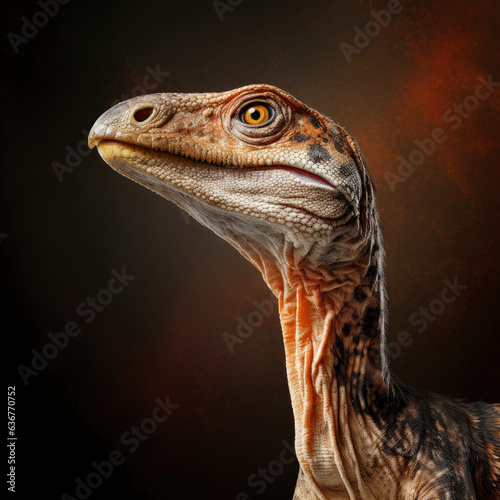 A close-up of a dinosaur against a black background