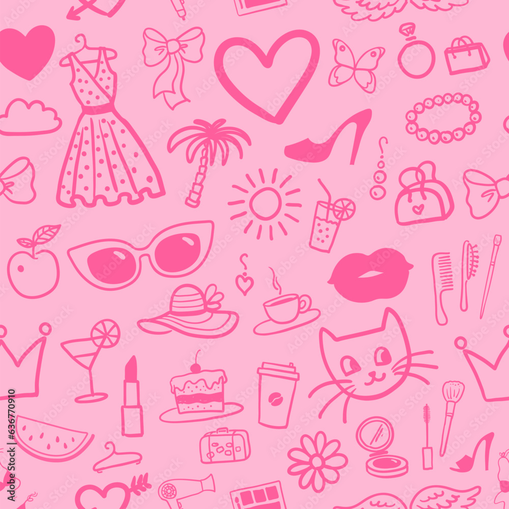 Seamless pattern in pink colors with beauty and fashion doodles Seamless pattern in pink colors with beauty and fashion doodles