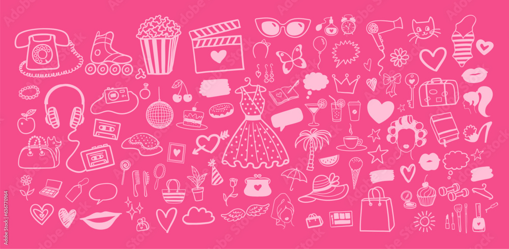 Vector illustration set of 90s style isolated pink doodles