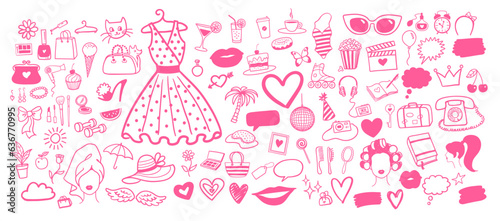 Vector illustration set of beauty and fashion isolated pink doodles