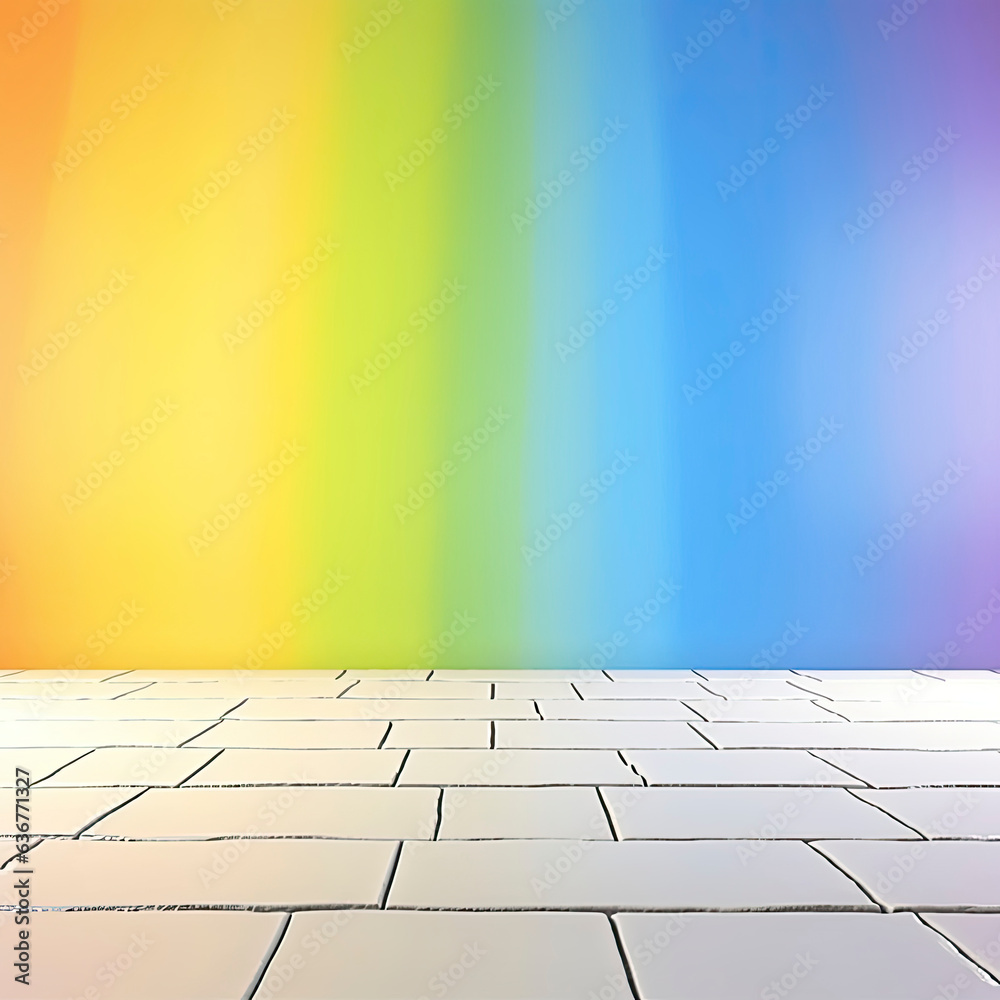 A vibrant rainbow-colored background contrasting with a clean white tiled floor A vibrant rainbow-colored background contrasting with a clean white tiled floor