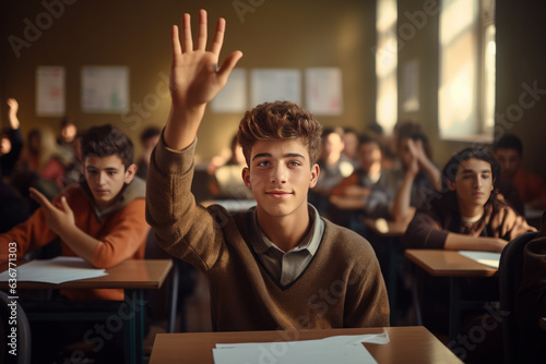 A young high school student raises his hand in class or volunteers to answer. generative ai  © Ivan