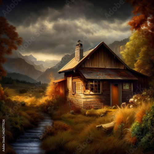Digital painting of an old cabin in the French Alps on a stormy Autumn day