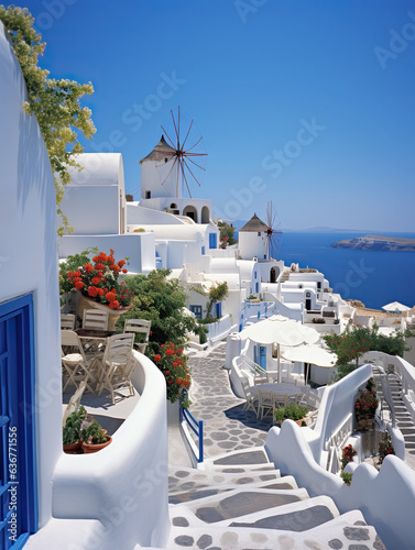 Picturesque landscape of Santorini island with white-washed houses and iconic mills