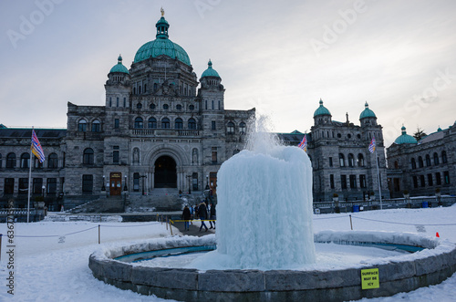 Victoria BC under a blanket of fresh white snow. This capital of BC Canada doesn't often get cold winter weather but when it does and everything is frozen it looks very scenic. photo