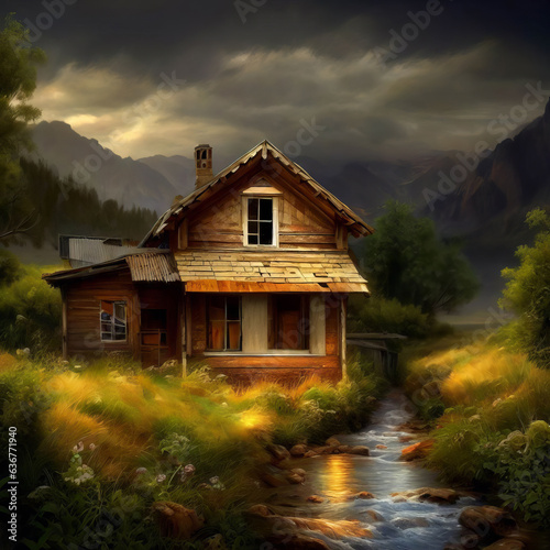 Digital painting of an old cabin in the French Alps on a stormy Spring day