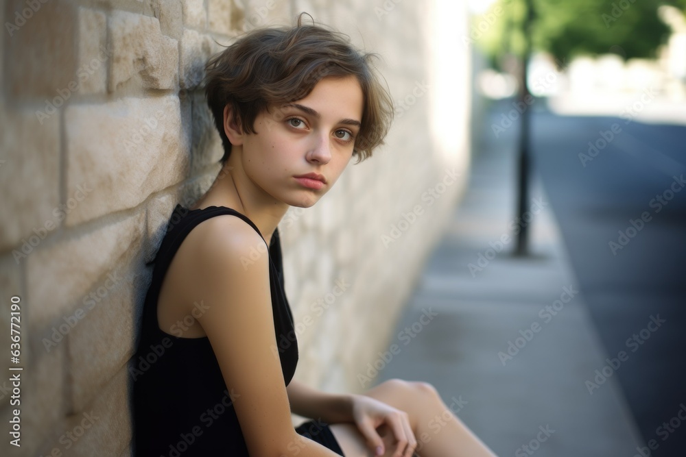 Beautiful portrait of a fictional young white woman model with short hair laying on a wall in an empty street. Generative AI. Beautiful portrait of a fictional young white woman model with short hair laying on a wall in an empty street. Generative AI.