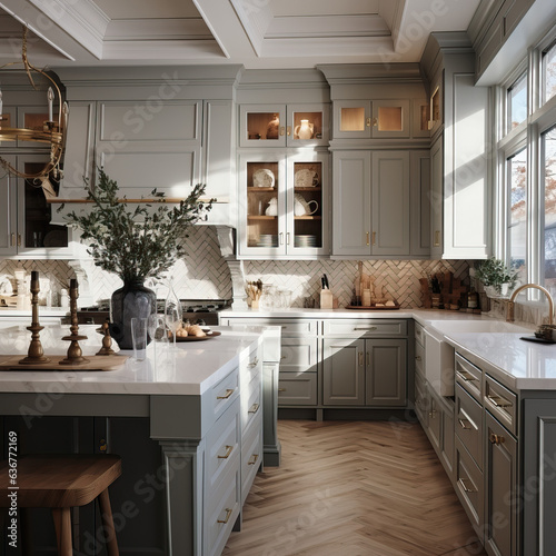 Gorgeous traditional kitchen in grey with gold accents, kitchen island with seating.