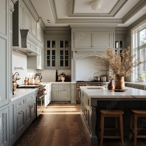 Stunning traditional kitchen in neutral colors. Kitchen island with seating