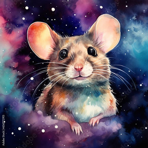 A Watercolor of a Mouse on a Space Background