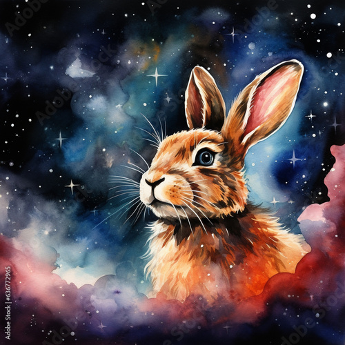 A Watercolor of a Rabbit on a Space Background