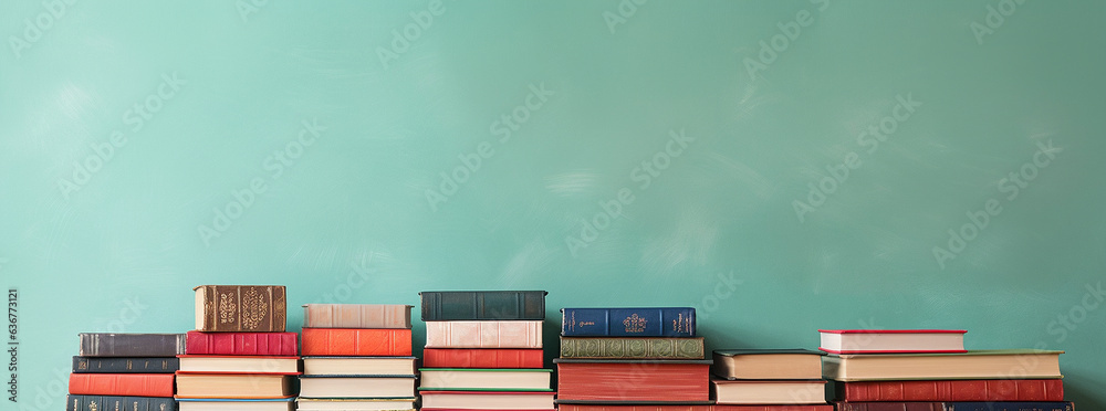 Obraz premium Pile of old books on green wall background. 3d illustration. Books and apples on a wooden background. Back to school concept.