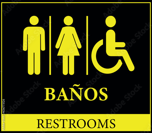 Arte Informativo para Baños de Hombres, Mujeres y Discapacitados. Arte con símbolos amarillos sobre fondo negro.