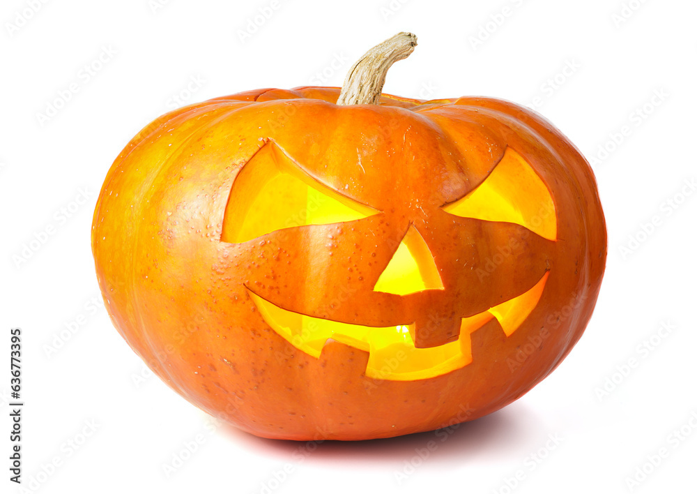Glowing halloween pumpkin isolated on a white background. Funny halloween character Glowing halloween pumpkin isolated on a white background. Funny halloween character