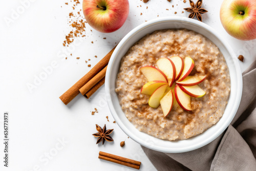Healthy Oatmeal with Apples and Cinnamon Isolated on a White Background Shot From Above