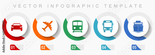 Transport icon set, miscellaneous icons such as car, plane, train, bus and ship, flat design vector infographic template, web buttons in 5 color options