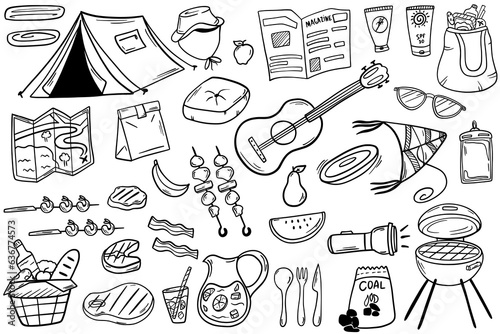 Doodle set. Summer picnic and outdoor recreation. Vector elements tent, grill, skewers, waterproof cover, guitar, map, grocery basket. Summer rest.