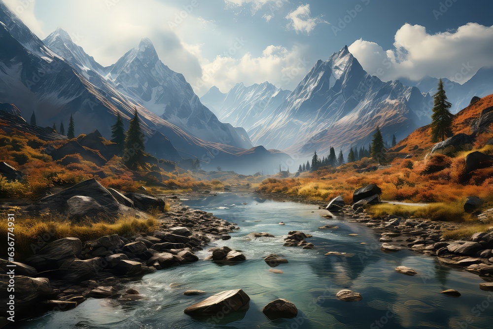 Photograph of beautiful mountains with a lake, emanating calmness, autumn. Generative AI.
