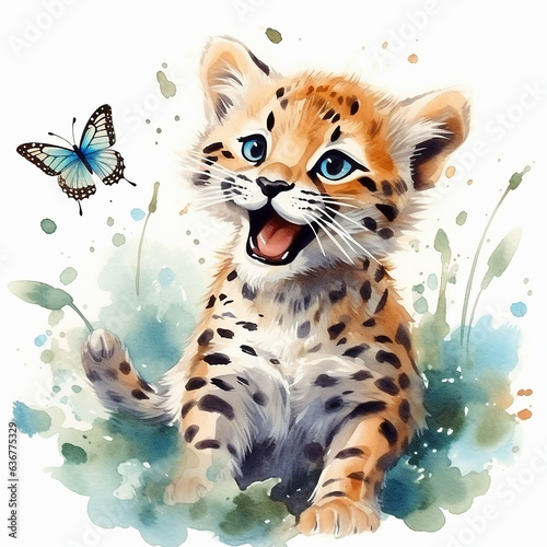 Cute leopard cub with blue eyes. Watercolor illustration. Hand drawn watercolor illustration of a cheetah cub sitting in the grass with a butterfly