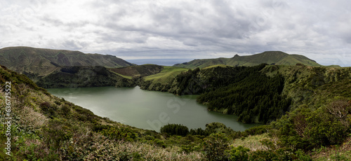 Panorama of Lagoa Funda with very high banks and plants endemic to the Azores. Flores Island.