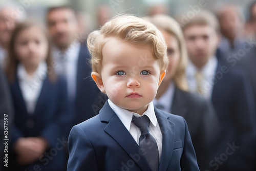 portrait of toddler in suit with blurry group in the background, ai generated photo