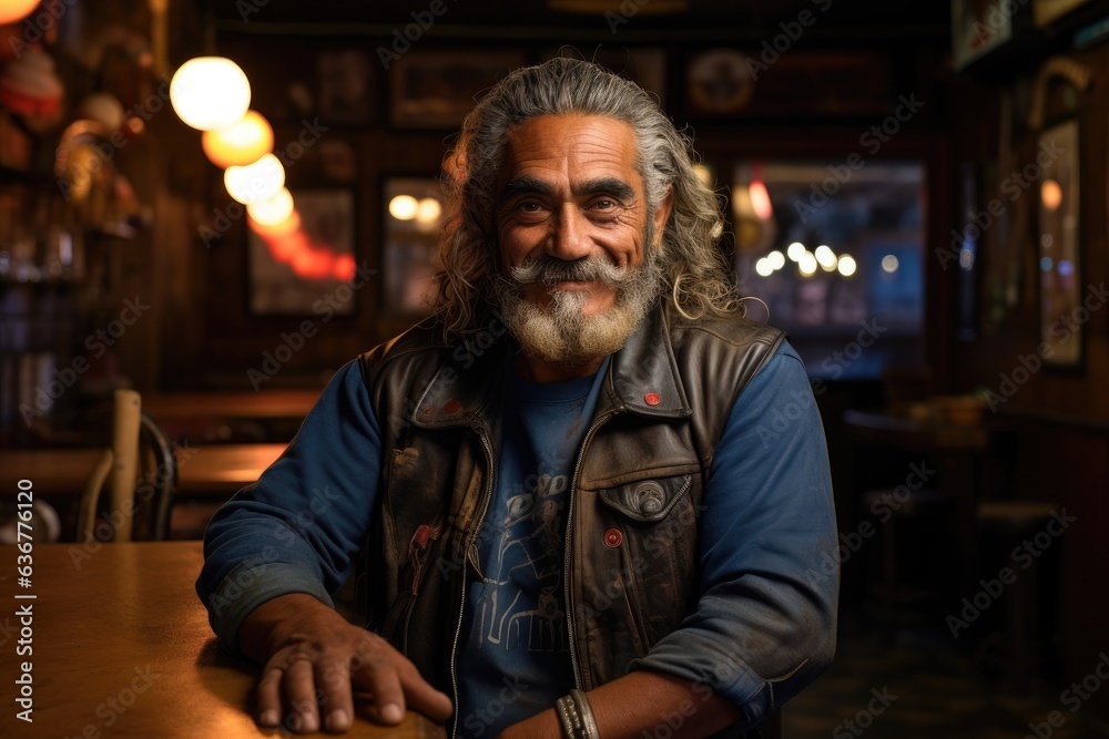 Portrait of a smiling middle aged caucasian biker looking at camera in a biker bar
