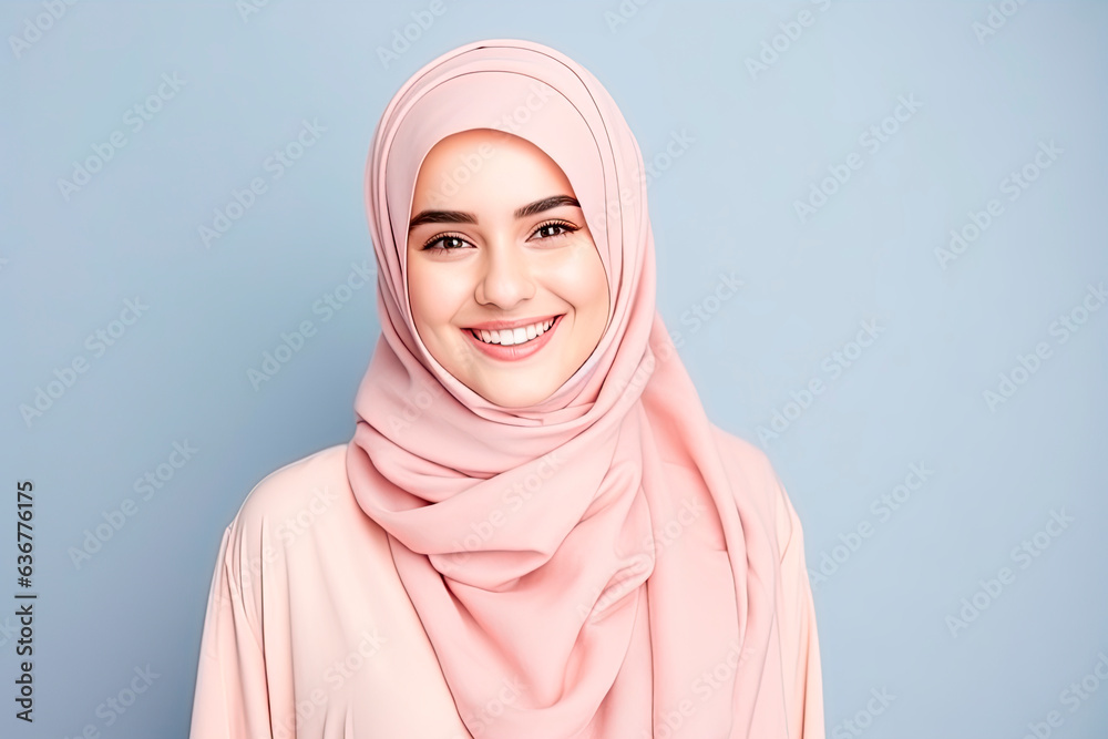 Young woman in hijab on pastel background Young woman in hijab on pastel background