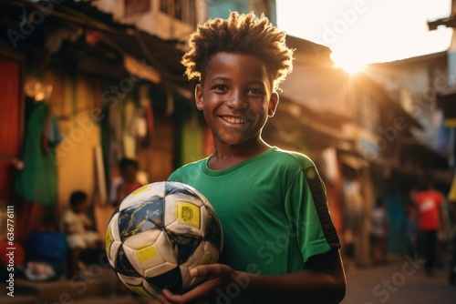 Portrait of a brazilian boy holding a soccer ball and looking at the camera in a favela in Rio de Janeiro
