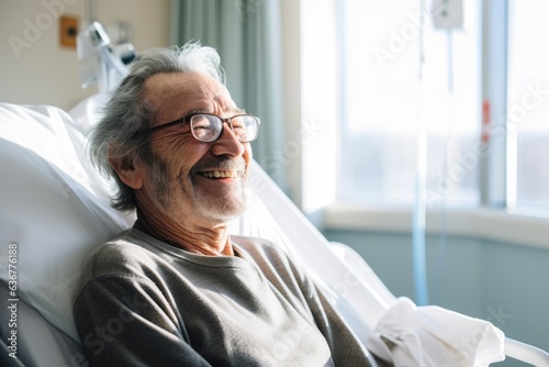 Fototapeta Senior caucasian man sitting in a hospital bed and smiling