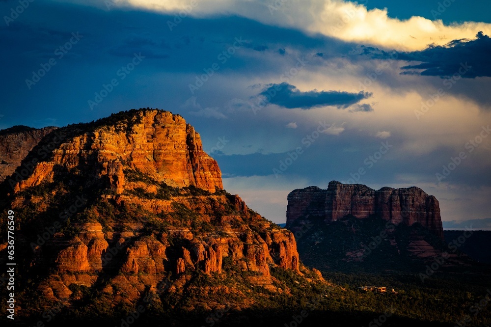 Majestic landscape view of rock formations of Cathedral Rock in Arizona at sunset