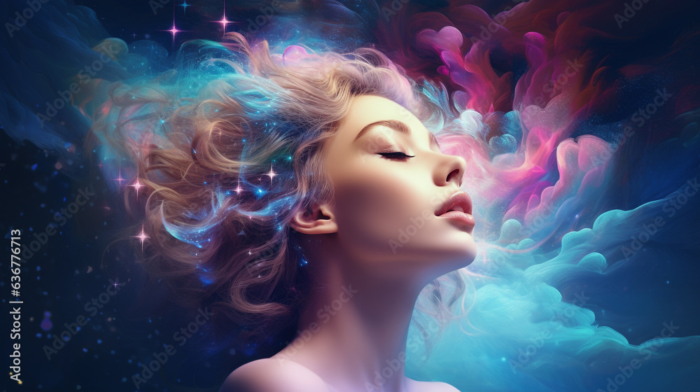AI-Powered Euphoria: Expressive Portrait of a Woman Merged with Digital Nebula & Radical Cosmic Elements
