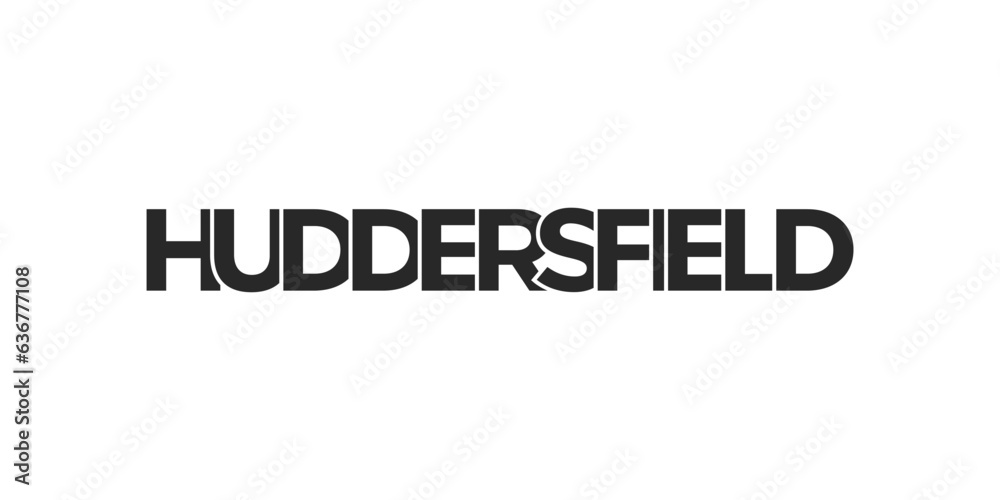 Huddersfield city in the United Kingdom design features a geometric style illustration with bold typography in a modern font on white background.