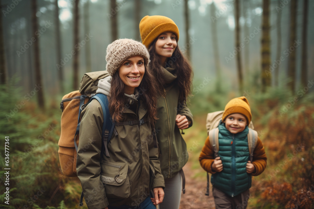 happy family mother and children with backpacks hiking in the forest. High quality photo