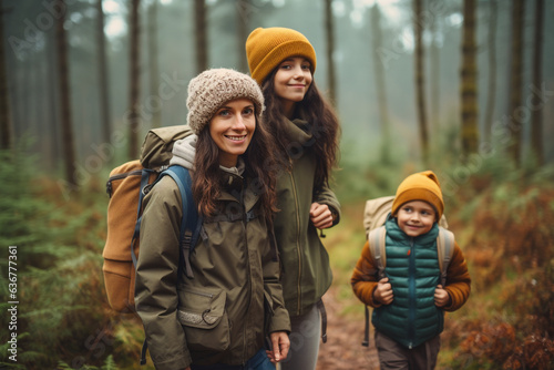 happy family mother and children with backpacks hiking in the forest. High quality photo © Starmarpro