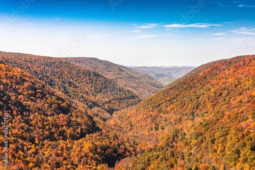 Scenic autumn landscape featuring mountains with vibrant trees. West Virginia, USA.