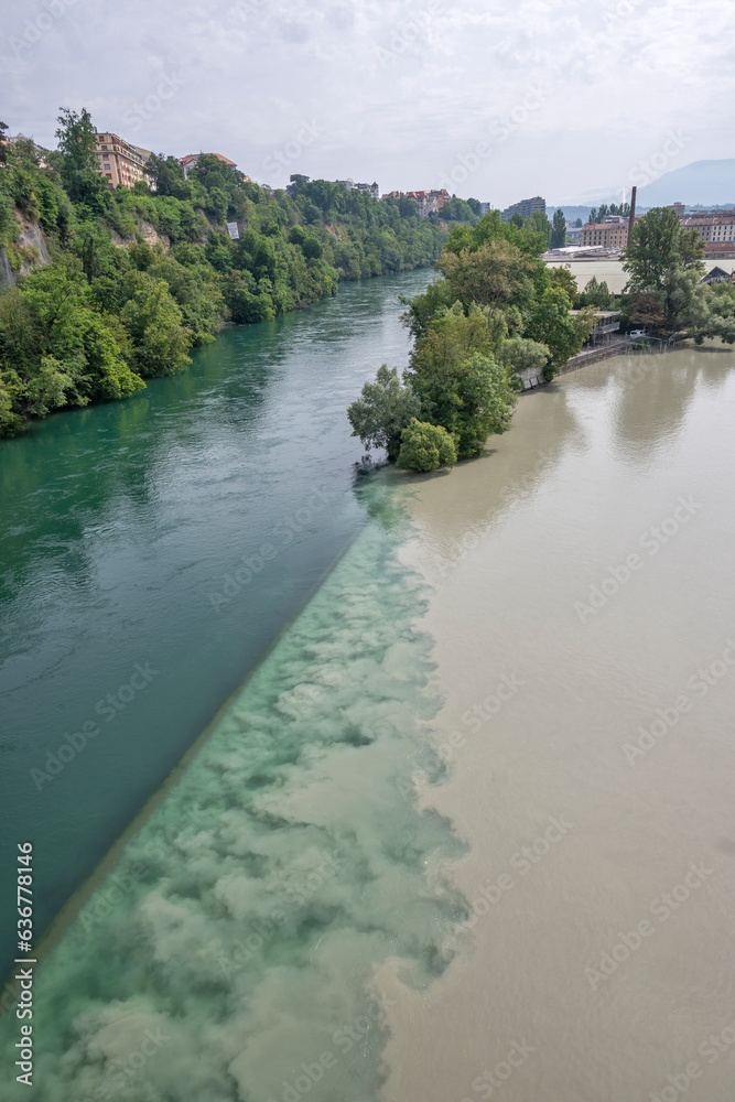 View of Rhone River and city of Geneva, Switzerland