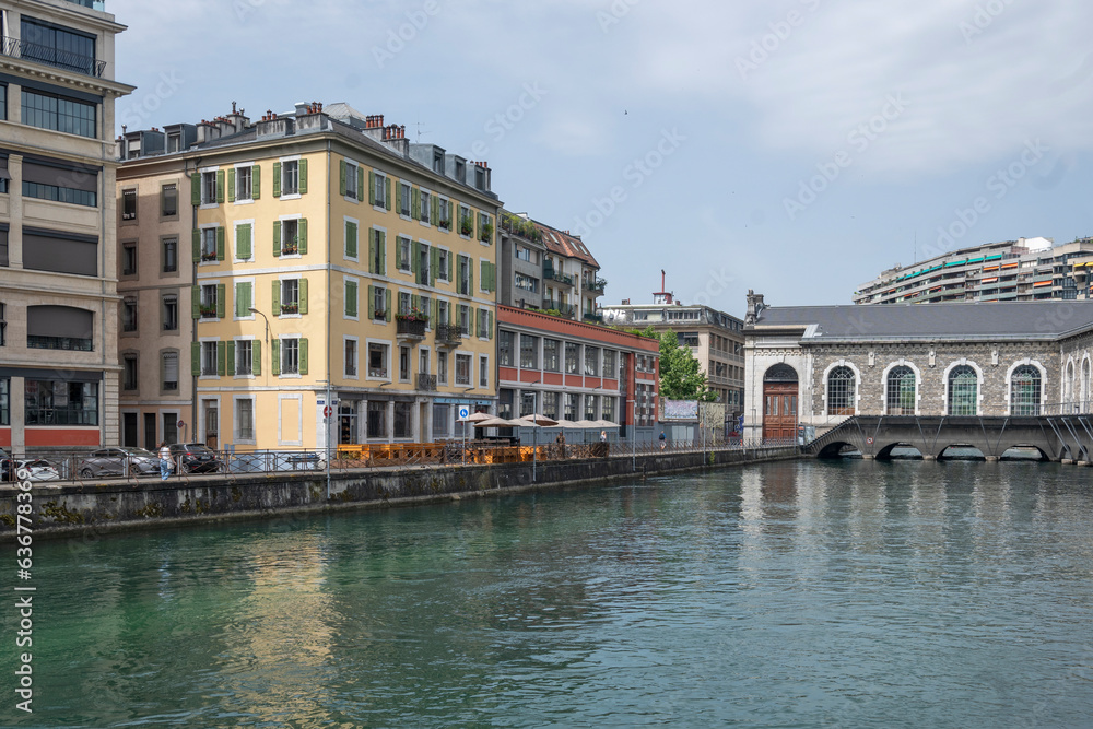 View of Rhone River and city of Geneva, Switzerland