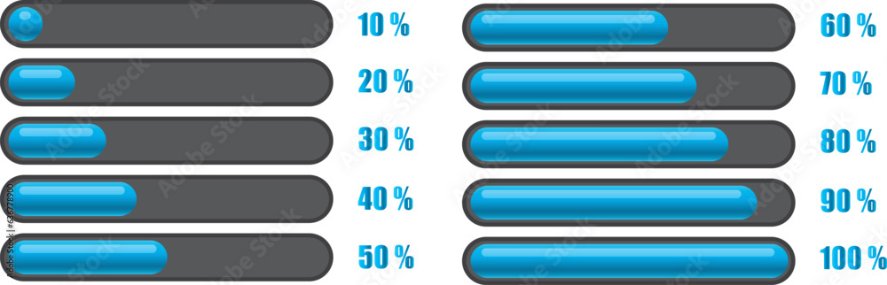 Progress Bar Set of blue color from 10 to 100% indicator and data loading chart. System software update and upgrade concept. Vector Illustration. Progress Bar Set of blue color from 10 to 100% indicator and data loading chart. System software update and upgrade concept. Vector Illustration.